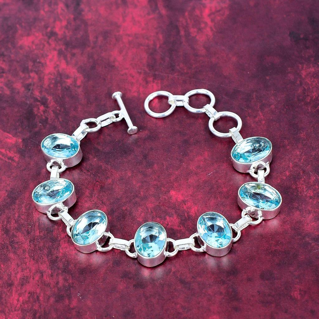 Blautopas 925 Sterling Silber Armband, handgefertigtes Edelstein Armband Schmuck, Geschenke für Frau Brandneues Armband