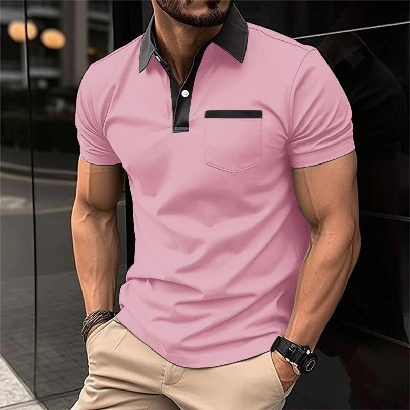 Men's Korean-Style Casual Lapel Fashion Slim-Fit Polo Shirt Pocket Patchwork Solid Color Short-Sleeve Top