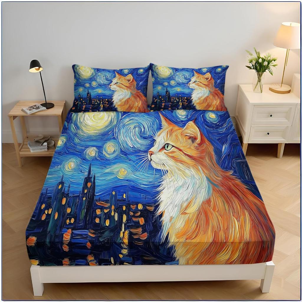 Cat Fitted Sheet and pillowcases, cartoon Bedding Set Small Double Size, Bed 3 Piece Bedding Decor Set For Teens Boys Girls