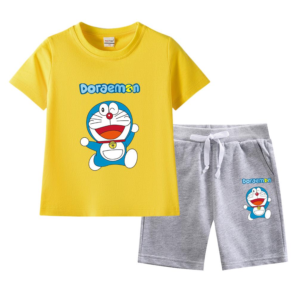 Doraemon Kids' Summer Set: Short-Sleeve T-shirt & Capris for Boys and Girls - Lightweight Casual Two-Piece.