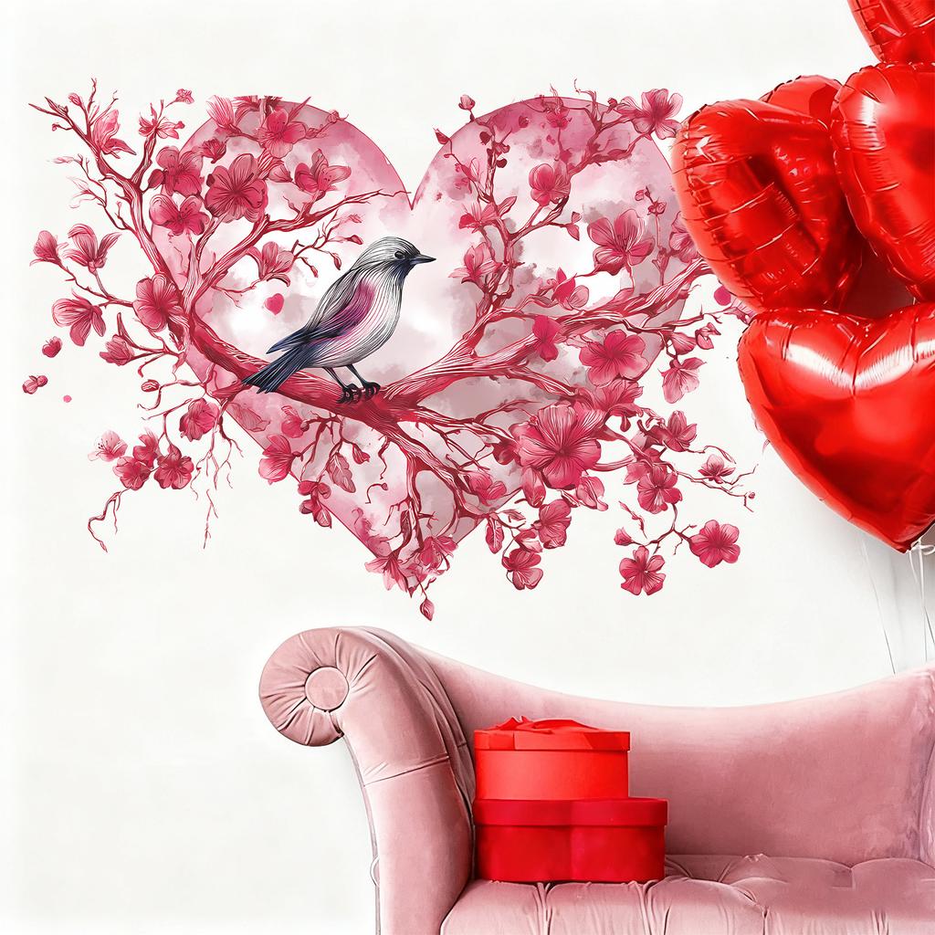 Cartoon Pink Heart-Shaped Branch Bird's Nest Valentine's Day Self-Adhesive Girly-Style Room Decoration Stickers