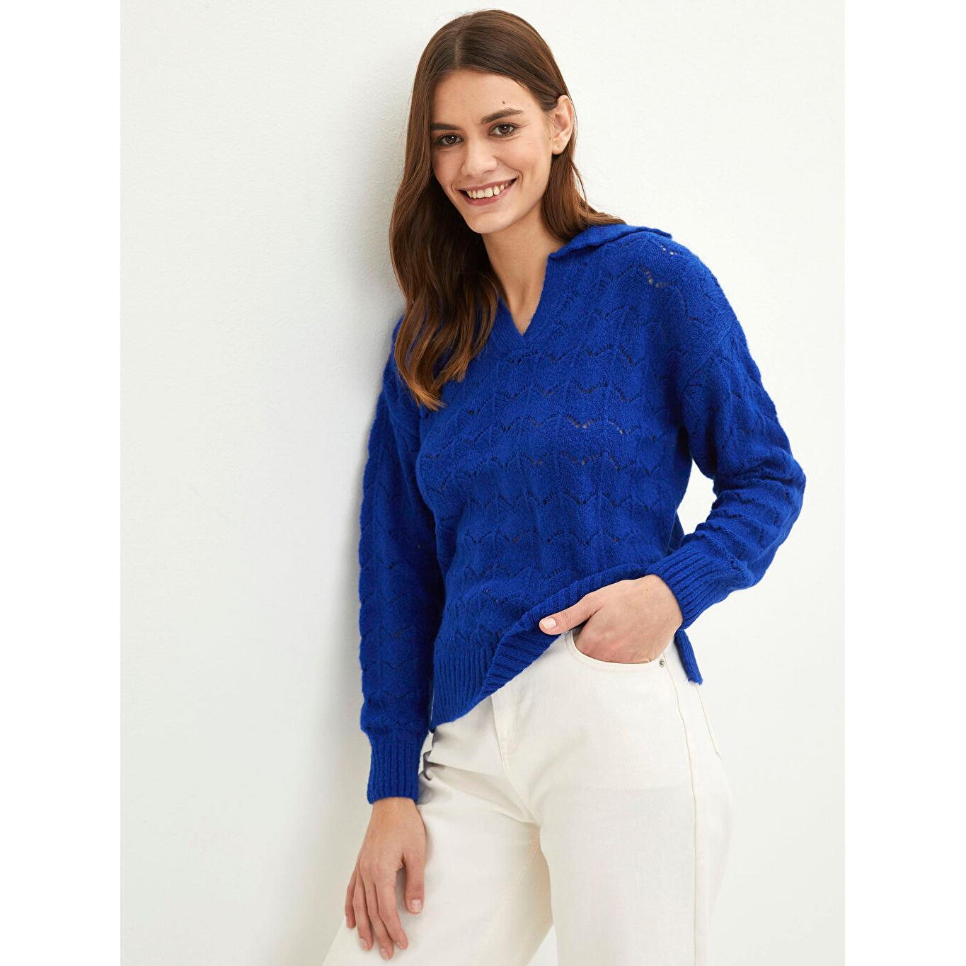 

Женский трикотажный свитер с длинным рукавом и узором поло, синий