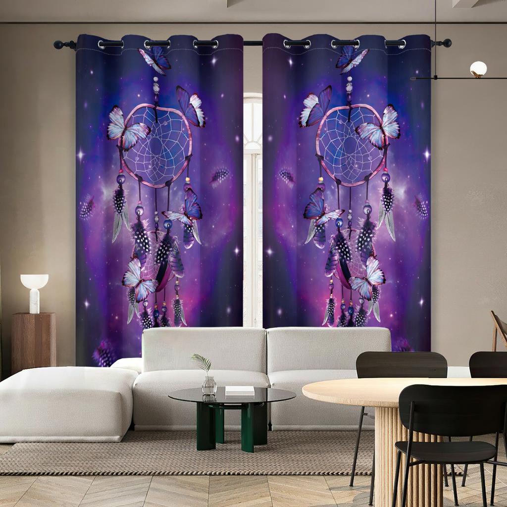 2 Pieces of Dreamcatcher Starry Sky Pattern Printed Curtains, Decorating Bedrooms, Living Rooms, and Game Rooms