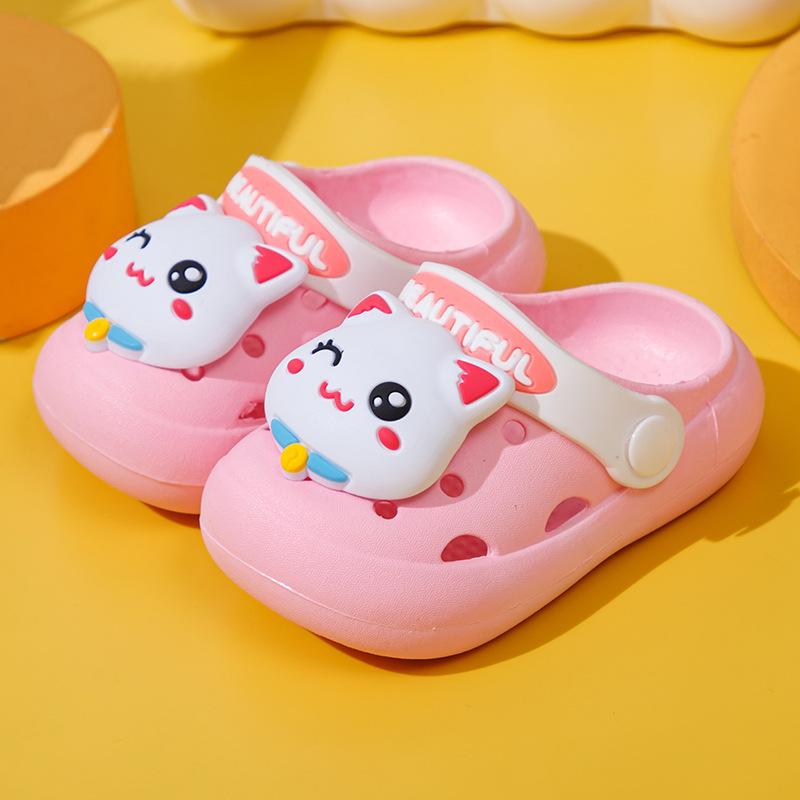 Non-slip soft-soled cute cartoon kitten children's slippers, summer closed-toe baby clogs, girls' outdoor sandals