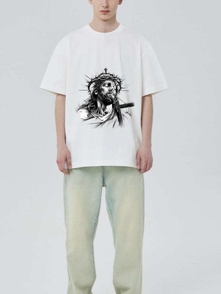 Black T Shirt Jesus Christ Crown of Thorns Religious Art Print for Men and Women Casual Wear Streetwear Fashion