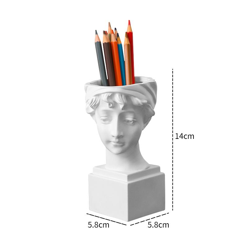 2Pc: Art Flower Pot Multi Functional Makeup Brush Storage Pen Holder David Statue Resin Vase Desktop Storage Home Decoration