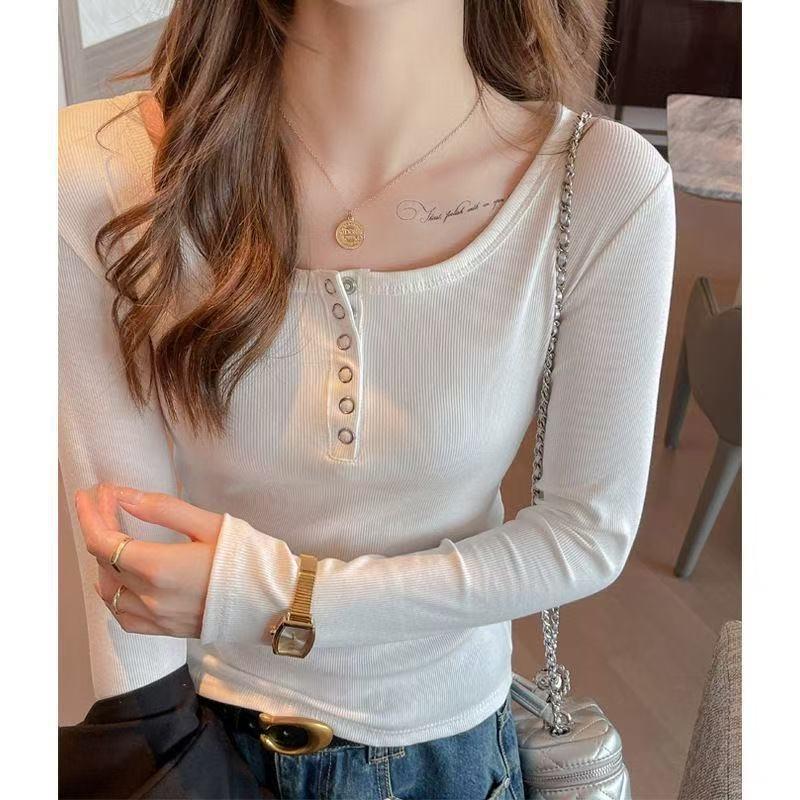 

Threaded Button Long-sleeved Bottoming Shirt Women s Inner Design Sense Front Shoulder T-shirt High Sense Can Be Worn Outside Autumn and Winter Top S/70-95 белый