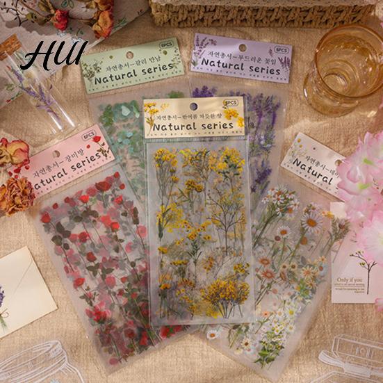 Floral Plant Decals 6 Sheets/Set Natural Flower Scrapbook Stickers, Waterproof PVC Plants Decals, Hand-painted Stickers Transparent Decorative for DIY