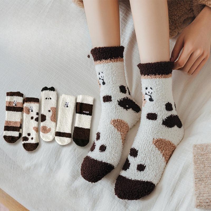 Autumn and Winter Half-fleece Cute Panda Socks for Women, Thickened Coral Fleece Warm Embroidered Cartoon Panda Mid-calf Socks