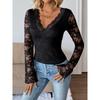 Autumn Winter Deep V-neck Lace Perspective T-shirt Women Nightclub Fashion Black Slim Elegant Pullover Tee Top