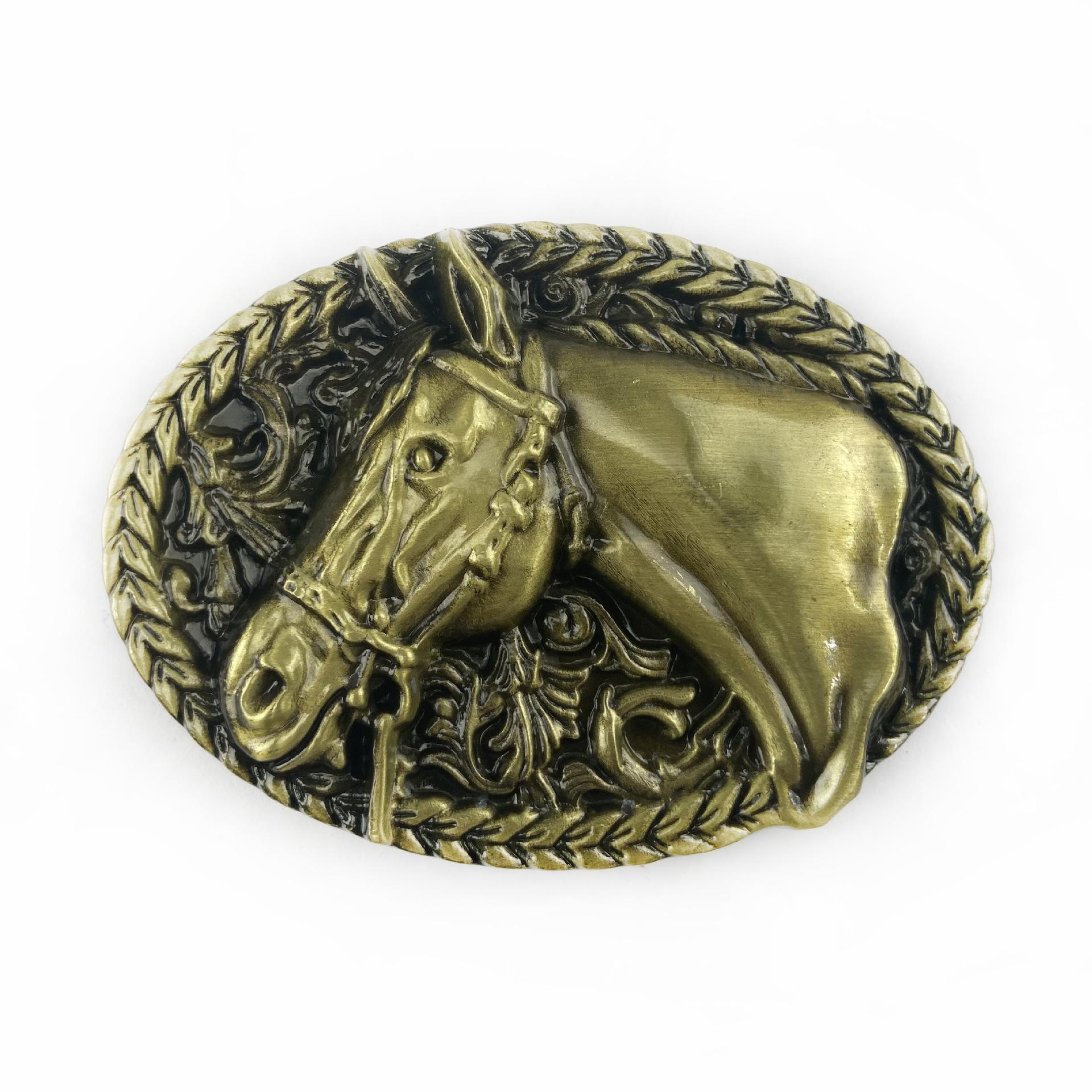 Oval Personalized Galloping Horse Wheat Ear Leather Belt Buckle with Smooth Alloy Plate