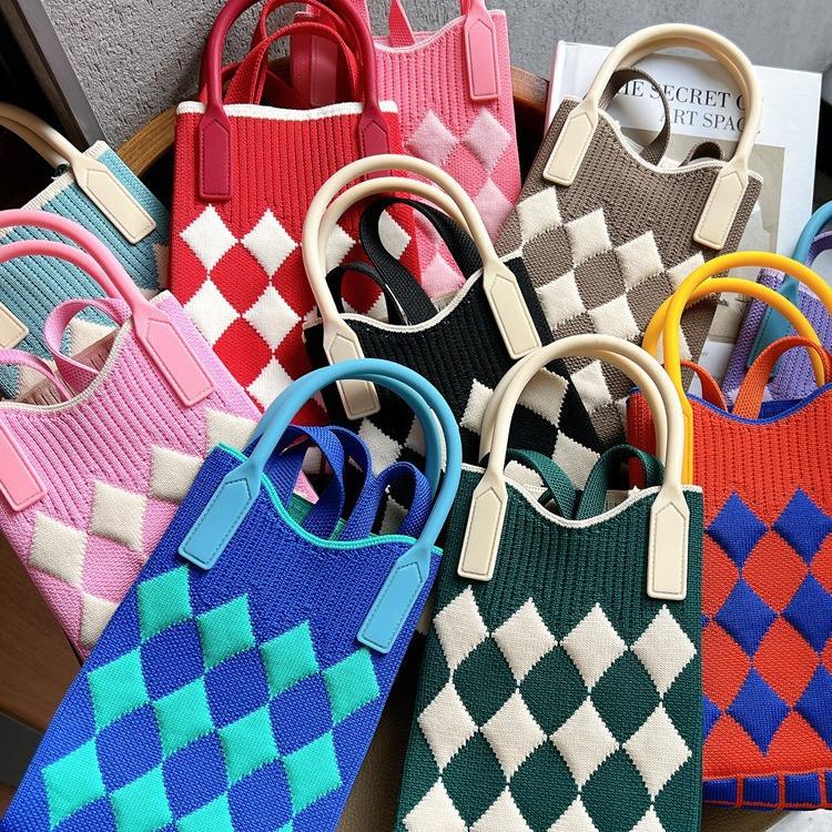 Plaid Cartoon Women's Crossbody Mini Bag: Cute, Lightweight, Knitted Phone Holder for Parent-Child Matching (2024)