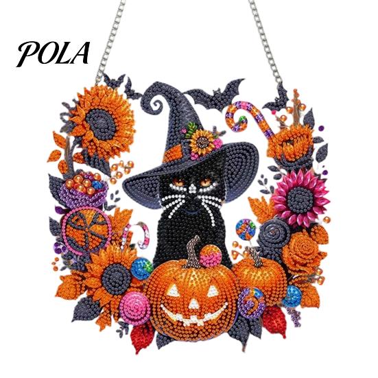 Creative Stress Relief Crafts Black Cat Moon Rhinestone Painting Kit, Halloween Faceted Faux Crystal Hanging Decor, Shining Pendant Art DIY