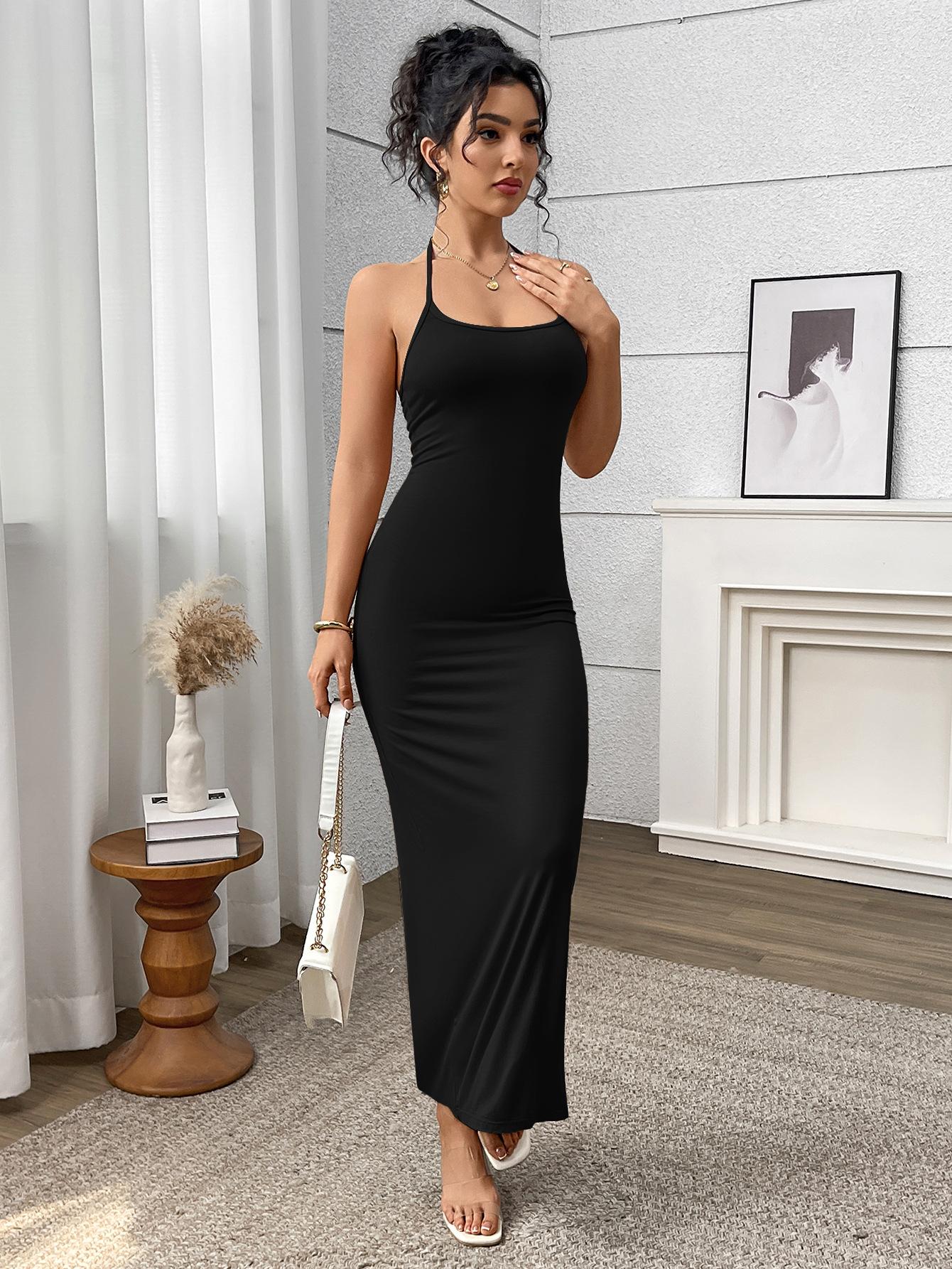 

European and American summer dress sexy pure desire style slim and thin peach hip suspender skirt high-end women s long dress S чёрный