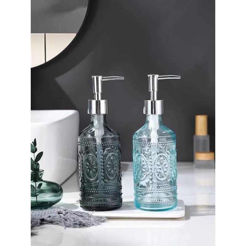 Stylish Blue And Gray Glass Soap Dispenser 420ml Square Bottle For Lotion And Liquid Soap