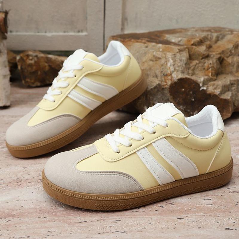 Fashion Light-Yellow Striped Sneakers for Women Spring Autumn Lightweight Walking Sports Shoes Woman Lace Up Vulcanize Shoes Lady
