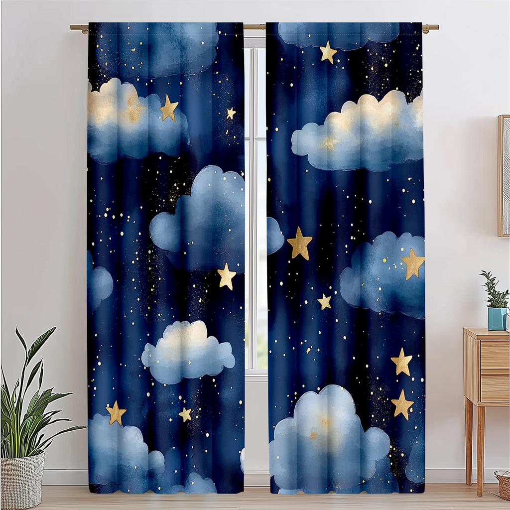 2pcs Classic Style Blackout Curtains   Dark Blue Watercolor Night Sky with Stars   Polyester Drapes for Kids Bedroom Bathroom