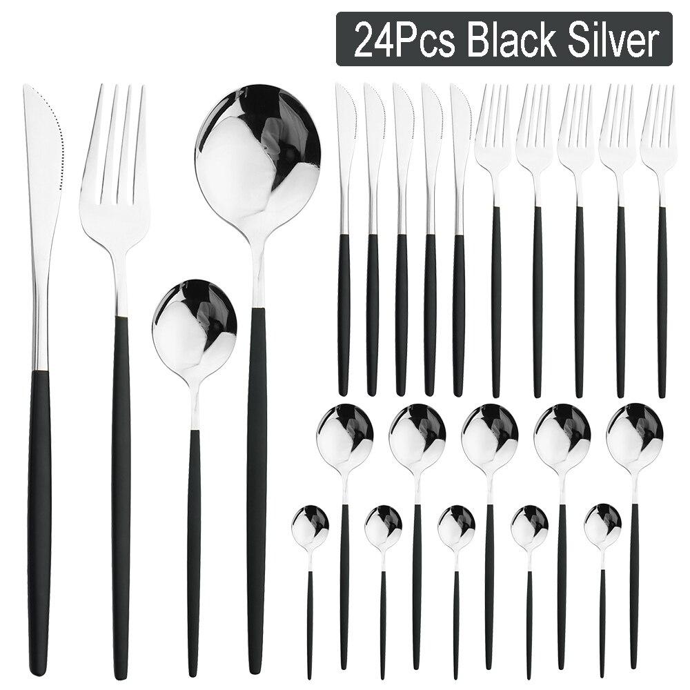 24Pcs Tableware Set Stainless Steel Dinnerware Knife Fork Spoon Dinner Flatware Kitchen Colorful Elegant Black Gold Cutlery Set