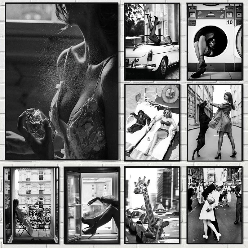 Vintage Mode Väggkonst Poster Tryck Svartvitt Canvasmålning Heminredning Kvinna Bilder Vardagsrum Cuadros