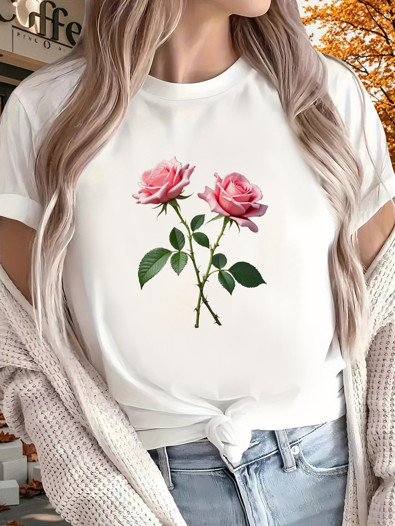 Background Tops Barbecues Movies Casual Outings Relaxed Weekend Versatile Print Pink Roses Black 4XL