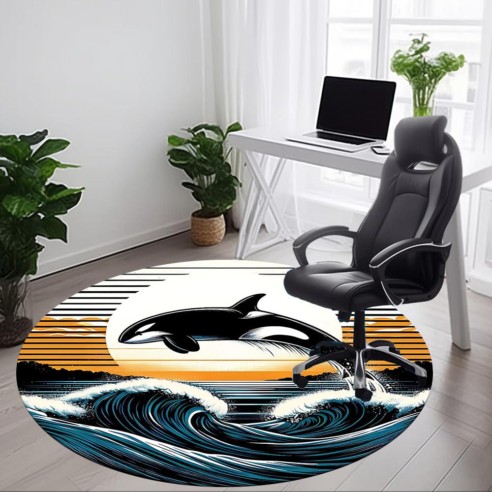 1pc Whale Waves Office Round Area Rug, Indoor Mat Suitable For Office, Under Office Chairs Bedroom Living Room Home Decor, Room Deco