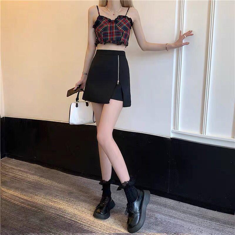 Women's 2024 Summer High-Waist Black Zipper Midi Slit Skirt with Slimming Anti-Exposure Design