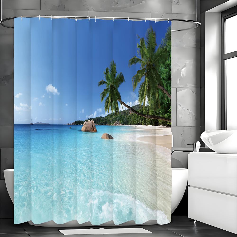 Cortină de duș cu nuc de coc de pe plaja oceanului, Cortină de duș decorativă pentru baie, Cortină de duș impermeabilă cu cârlige