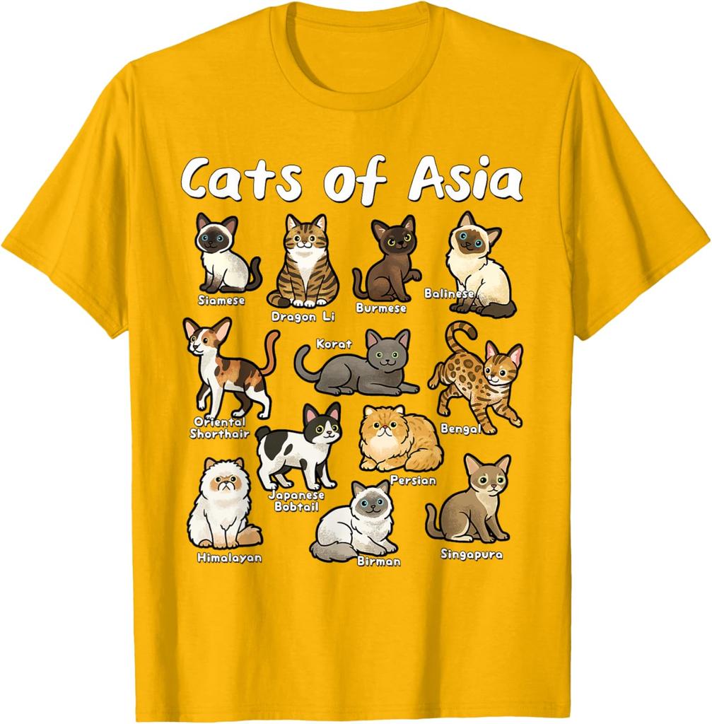 Cats of Asia Breeds Graphic Tee Casual Cotton Short Sleeve T-Shirt for Men Trip