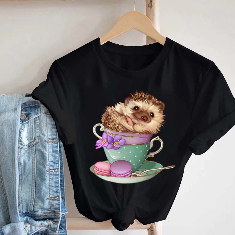 Pink Women Tshirts Casual Cute Cartoon Hedgehog Floral Graphic Print Female Tee Tops Harajuku Fashion Short Sleeve T Shirt Femme
