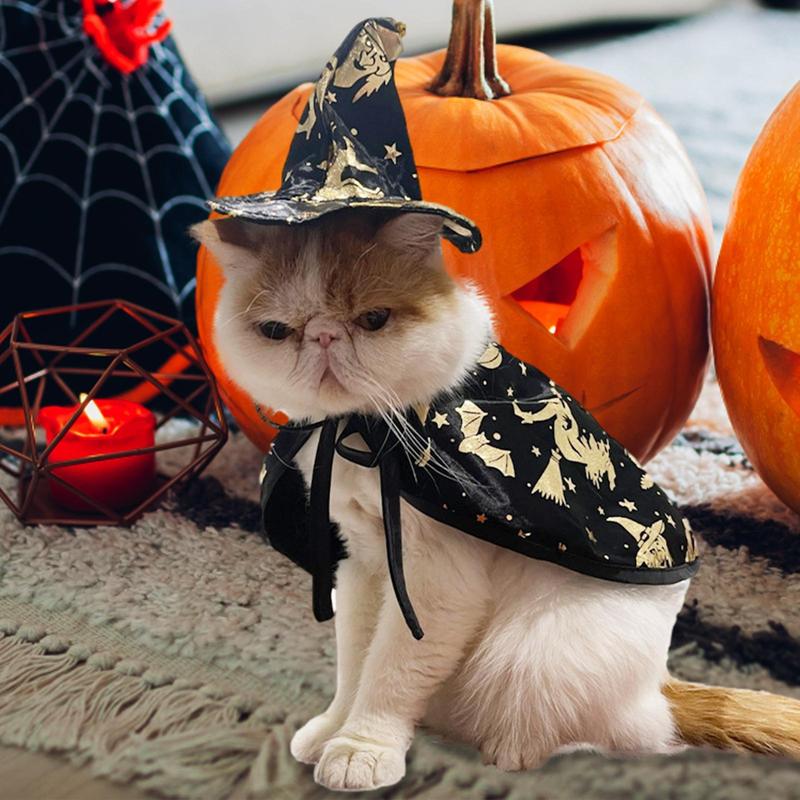 Katzenhexe Kostüm Haustier Halloween Umhang Gold Druck Design Cosplay Umhang Für Katzen Hunde Kleine Tiere Party Festlich Fotografie