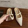 Fashion SUOJIALUN 2025 Summer New Women Slipper Fashion Weave Hemp Slip On Mules Shoes Soft Flat Heel Outdoor Dress Sandal Shoes