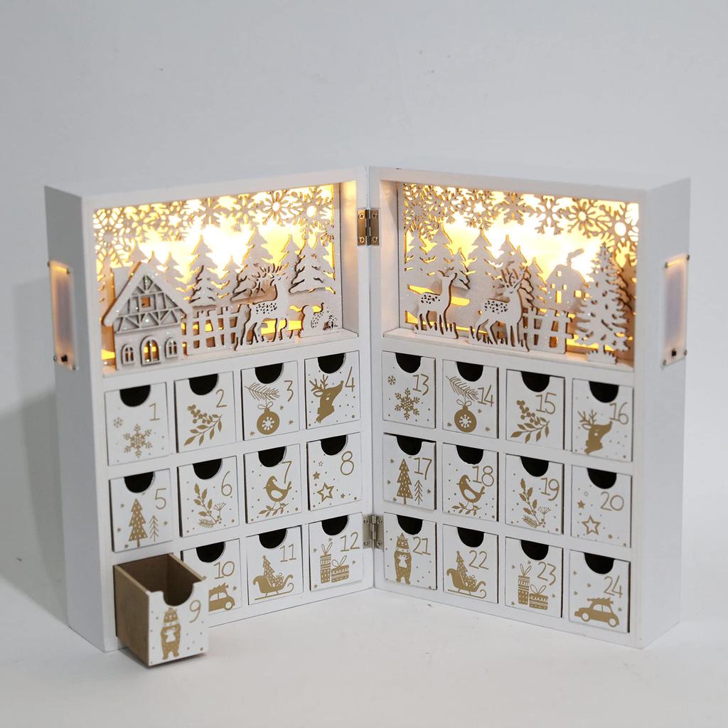 Wooden Christmas Advent Calendar with 24 Drawers and LED Reusable Christmas Countdown Candy Christmas Advent Scene for Kids and Chocolate Christmas
