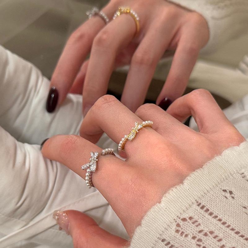 Exquisite French Zirconia Bow Pearl Open Ring - Stylish, High-End Design