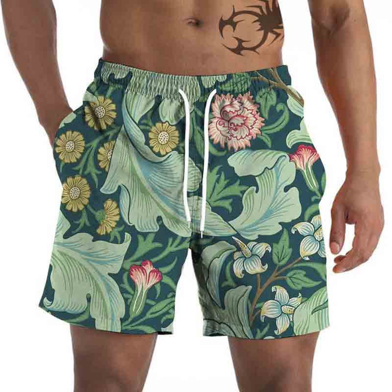 Men's Summer Casual Beach Shorts Palm Tree Print Quick Dry Drawstring Waist