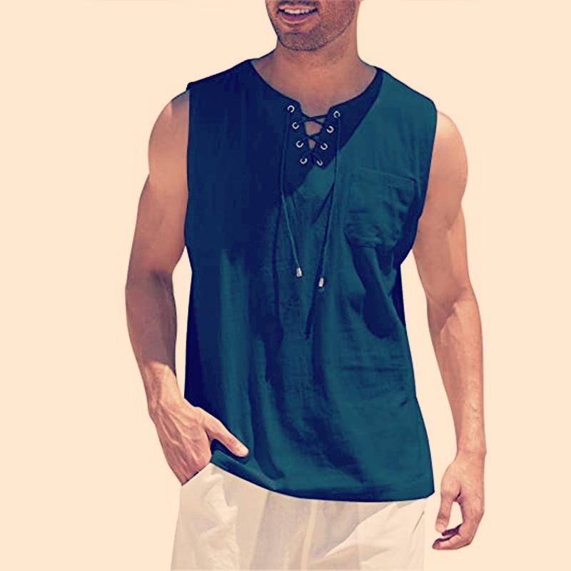 Men's Summer Shirts Casual Leeveless Vest Bandage Lace Up Blouse Retro V Neck Fashion Loose Shirt Solid Color Clothes
