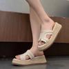 Zhao Ruth's Same One-word Cool Slippers for Women's Summer Wear 2025 New Straw-woven Half-mop Muffin Thick-soled High-heeled Sandals