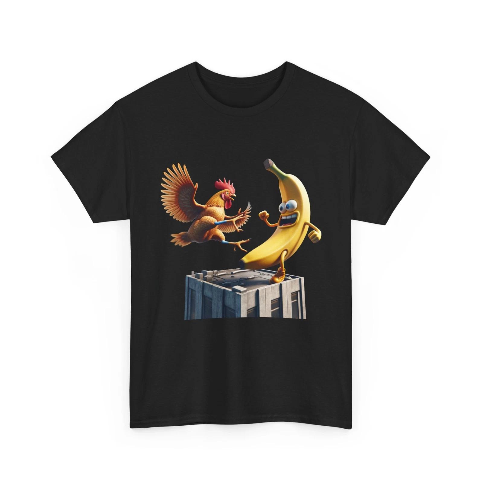 

Unisex Adult T Shirt Absurd Silly Tee Rooster Fighting a Banana on Skyscraper L