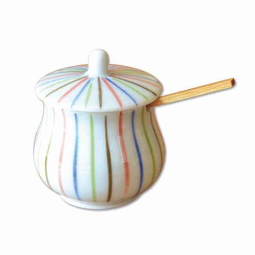 Stylish Ceramic Condiment Container with Lid and Bamboo Spoon, Suitable for Commercial or Home Use. Made In Japan by Arita Ware, "Yoshiki Tokusa" (fou