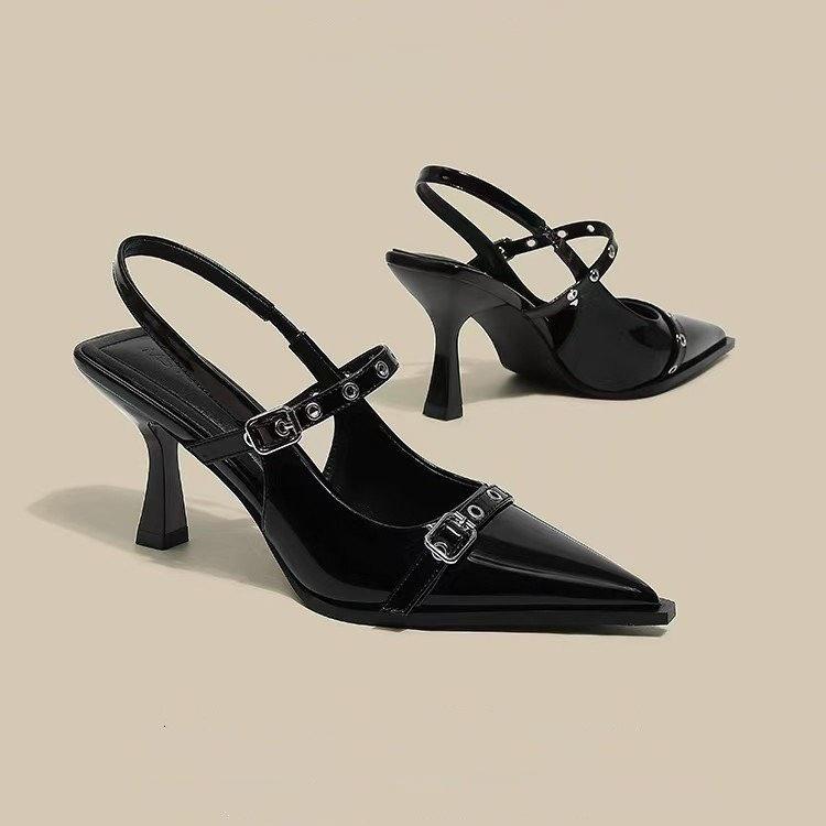 High heels women's summer new black pointed thin heel one-word bag head sandals light mouth single shoes