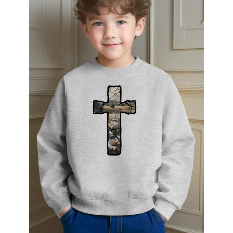 Simple Fashion Children's Cross Shaped Landscape Printed Crew Neck Sweatshirt for Daily Wear and Casual Occasions
