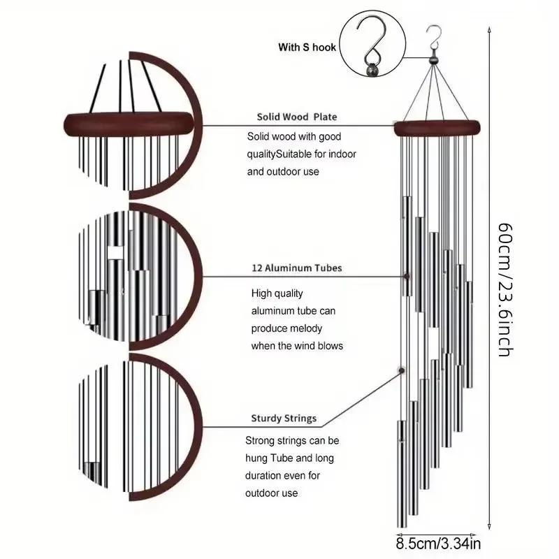 12 Tubes Rotating Solid Wood Aluminum Pipe Wind Chime Waterproof 12 Pipe Classic Matching Music Wind Chime Home Decoration