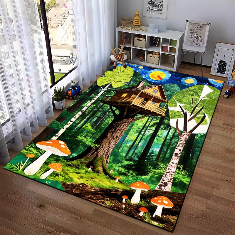 Baumhaus Wald-Thema Teppich mit Pilzen und hellem Nachthimmel Geeignet zur Verwendung als Anti-Rutsch für Wohnzimmer Schlafzimmer Sofas