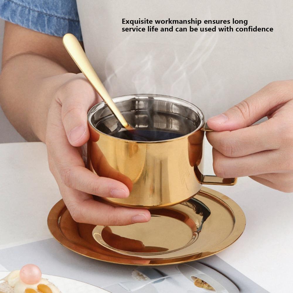 Metal Coffee Mug Stainless Steel Coffee Cup Gold Fashionable Design Espresso Cups Portable Durable Cup and Saucer Set Tea Lovers