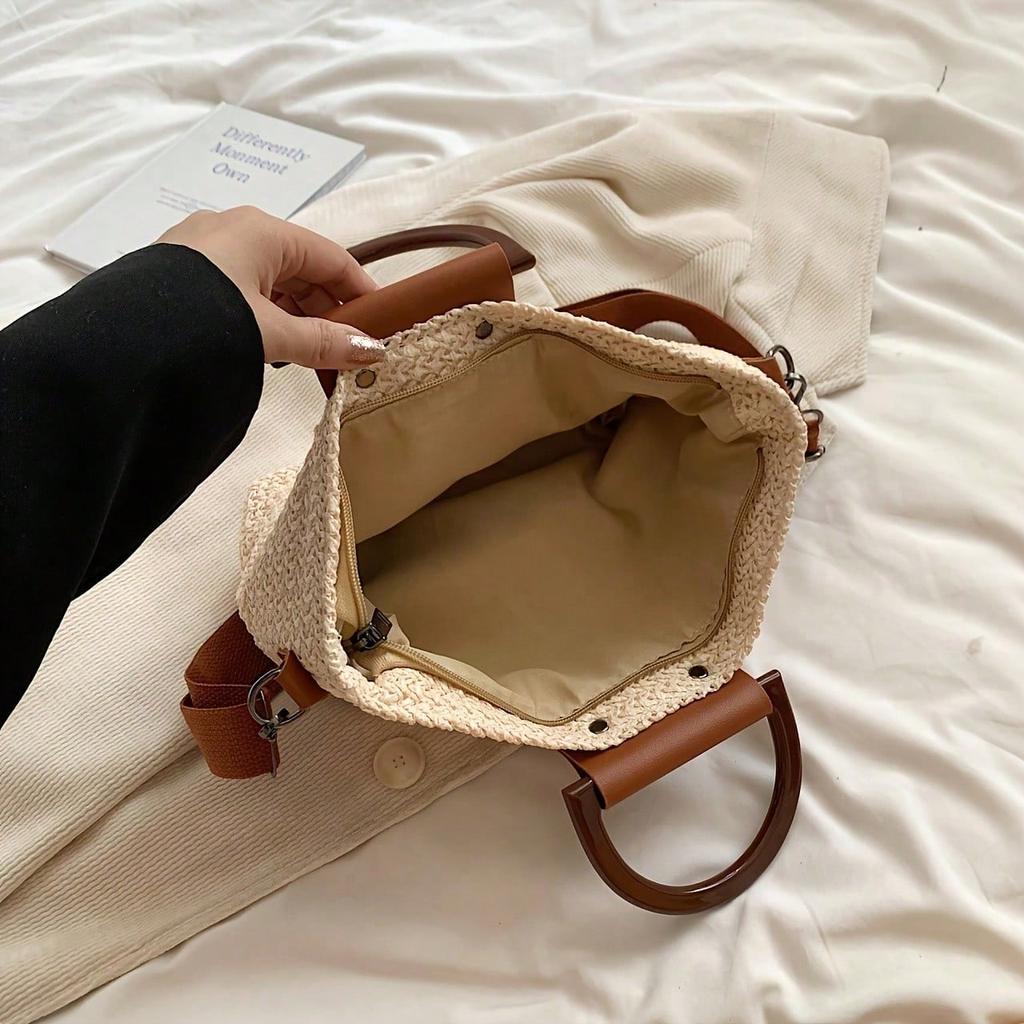 Women'S Shoulder Bag - Compact Rattan-Style Handbag with Fixed Strap, Zip Closure, Travel & Casual Use