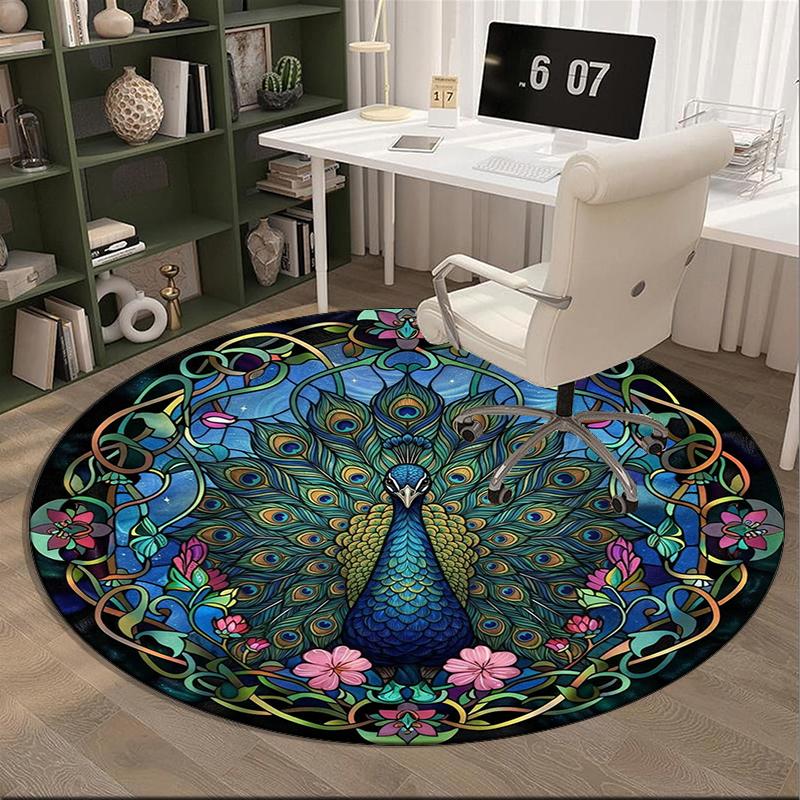 Blue Peacock Floral Art Round Carpet Chair Cushion Round Entryway Rug, Soft Round Rugs for Living Room, Bedroom, Circle Carpet Decor Gifts