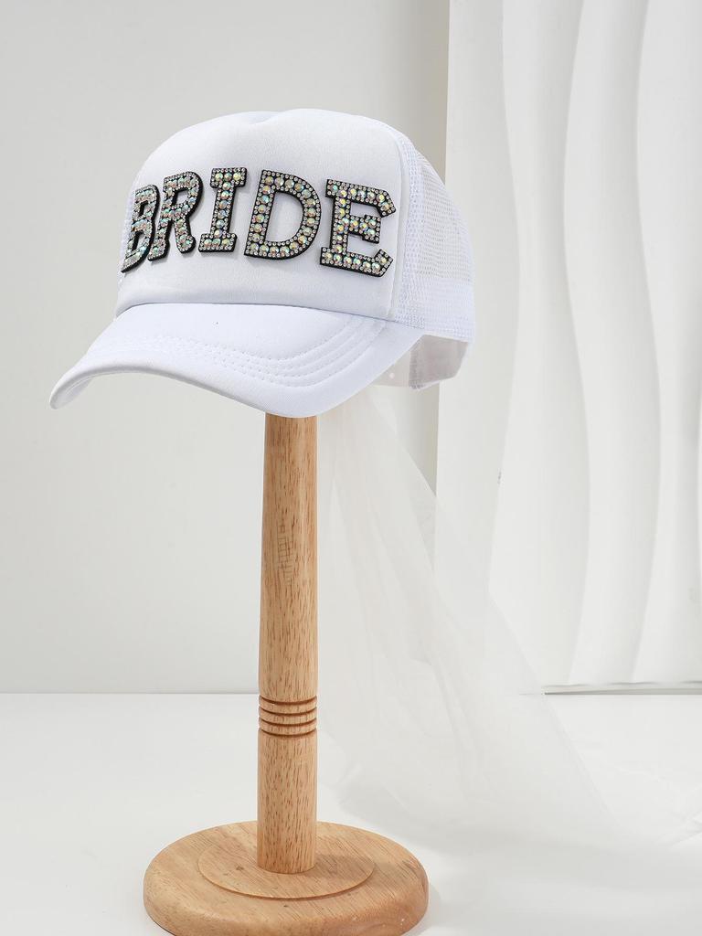 Unisex Casual Hat with Pearl Letters, Mesh & Bridal Veil for a Chic Engagement Party