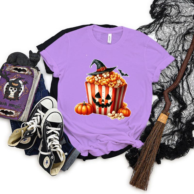 Halloween Popcorn Graphic Short Sleeve Tshirt Women Pumpkin Witch Hats Graphic Classic Tops Horror Popcorn Halloween Tshirts