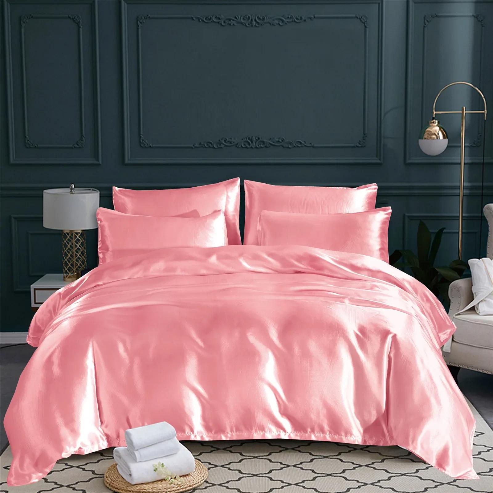

Luxury Different Color Bed Set Simple Style Duvet Cover Pillowcase Bedding Set Flat Bed Sheet Quilt Cover Twin Queen King Size UK Single рожевий