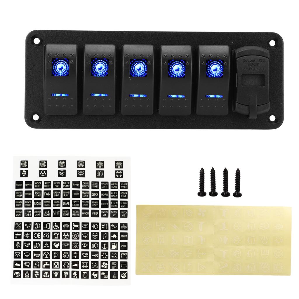 5 Gang Rocker Switch Panel 12V‑24V Dual USB Charger LED Voltage Display ON Off Switch for Truck RV Yacht