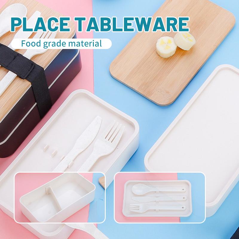 New Japanese Style Bento Box, Minimalist Double-layer Lunch Box with Knife, Fork, Spoon, Divided Student Lunch Box